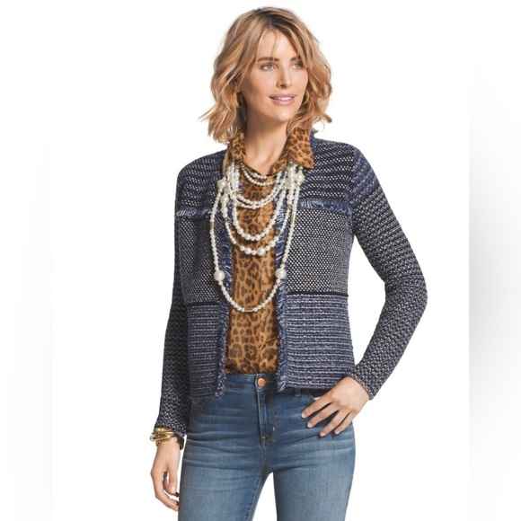 Chico's Jackets & Blazers - Chico's Franklin Fringe Blue Woven Tweed Open Front Cropped Cardigan Women's L